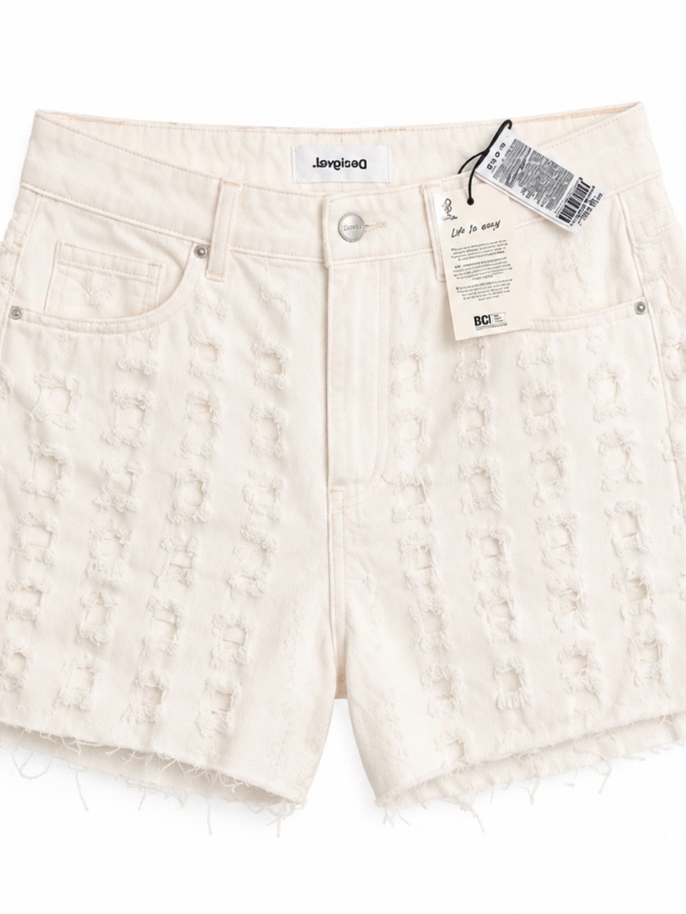 Desigual NWT Ivory Textured Distressed Denim Shorts Size 38 NWT